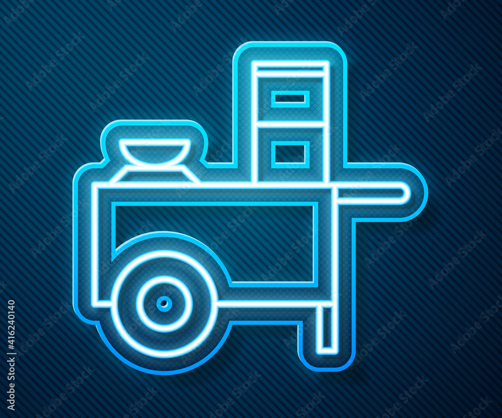 Glowing neon line Fast street food cart icon isolated on blue background. Urban kiosk. Vector Illust