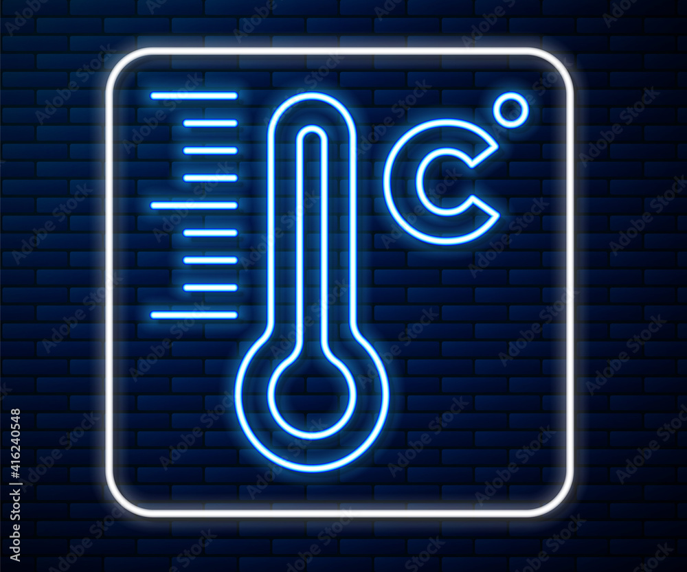 发光的霓虹灯线气象温度计测量图标隔离在砖墙背景上。Thermome