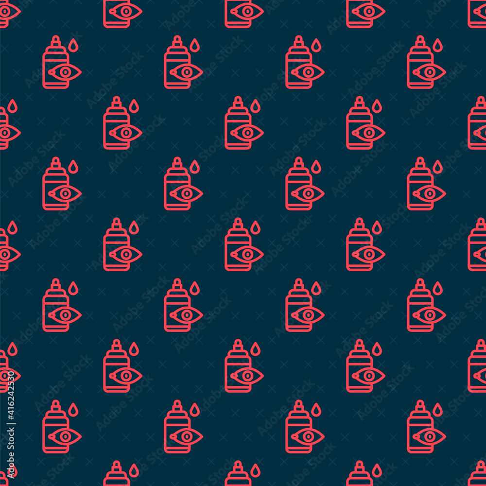 Red line Eye drop bottle icon isolated seamless pattern on black background. Vector.