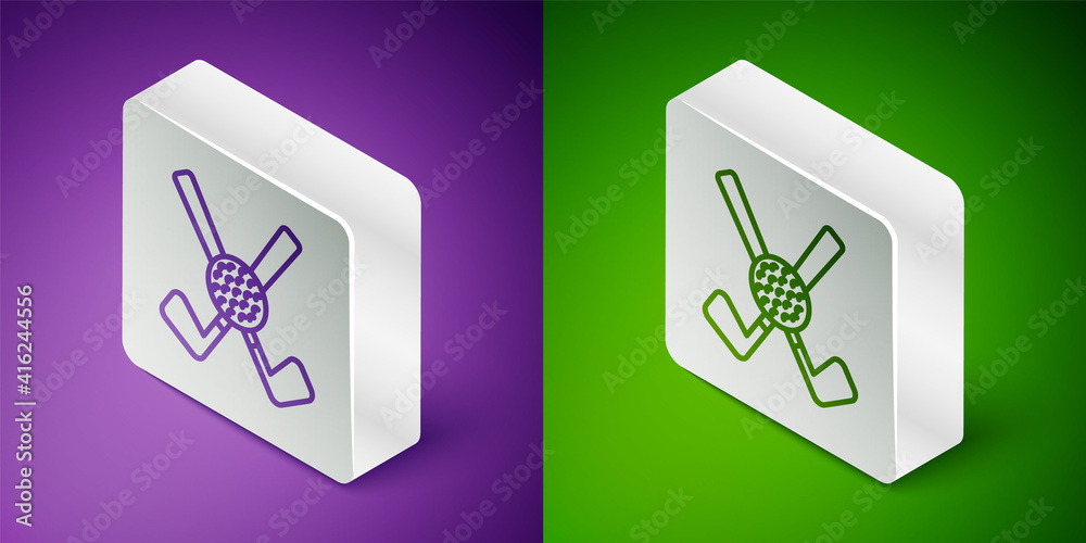 Isometric line Crossed golf club with ball icon isolated on purple and green background. Silver squa