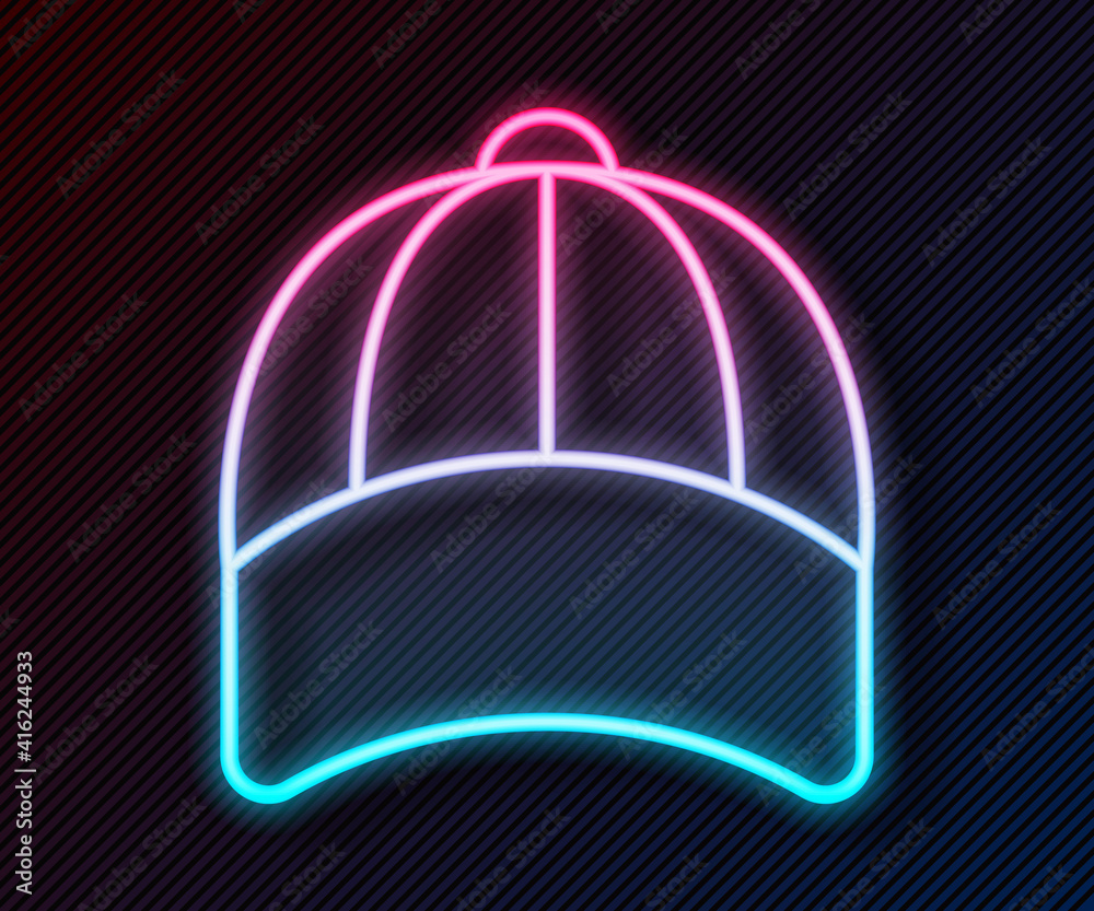 Glowing neon line Baseball cap icon isolated on black background. Sport equipment. Sports uniform. V