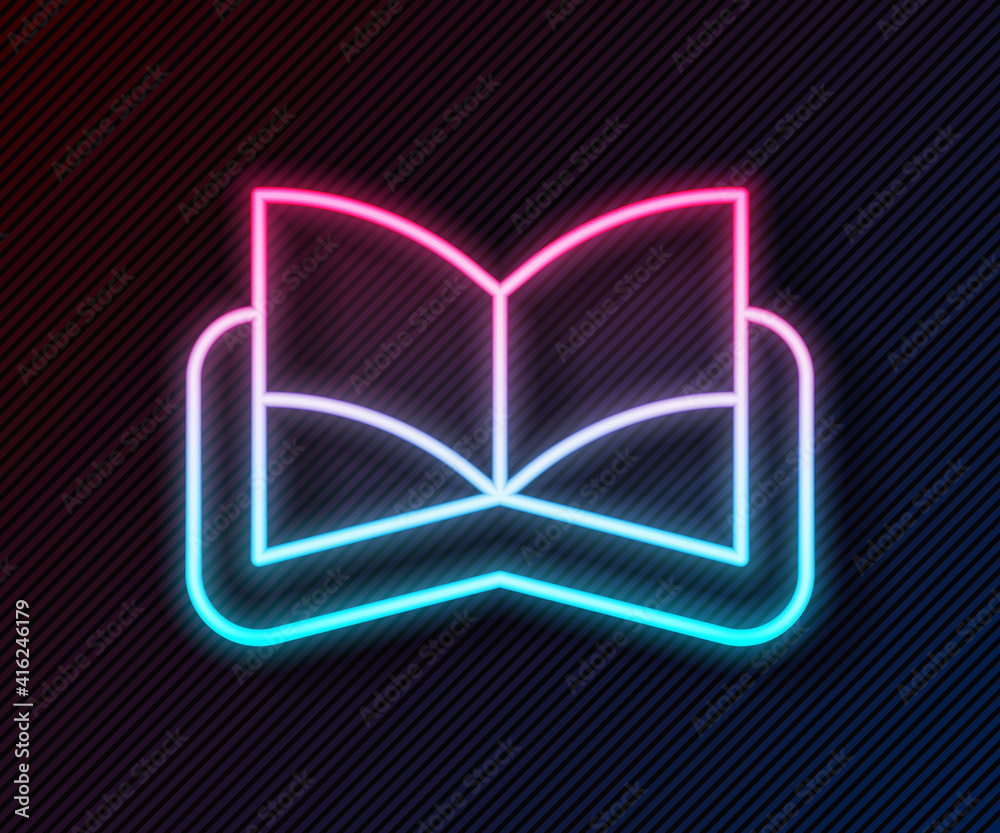 Glowing neon line Ancient magic book with alchemy recipes and mystic spells and enchantments icon is