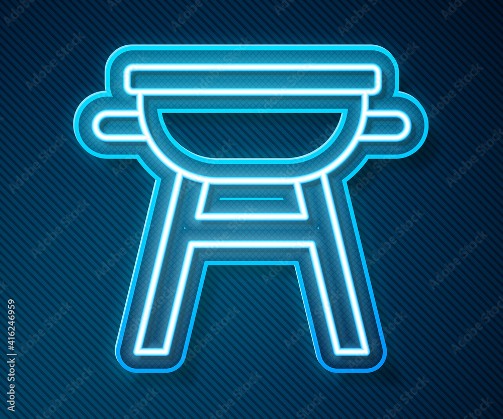 Glowing neon line Barbecue grill icon isolated on blue background. BBQ grill party. Vector.