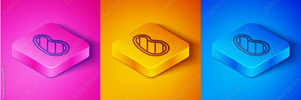 Isometric line Steak meat icon isolated on pink and orange, blue background. Square button. Vector.