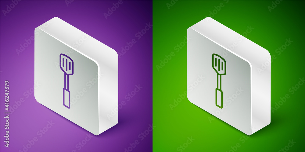 Isometric line Barbecue spatula icon isolated on purple and green background. Kitchen spatula icon. 