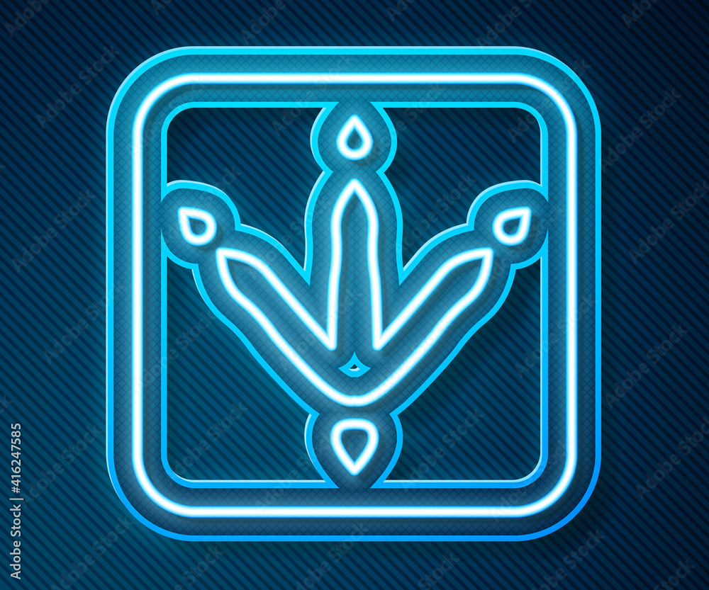 Glowing neon line Chicken paw footprint icon isolated on blue background. Rooster stamp. Vector.