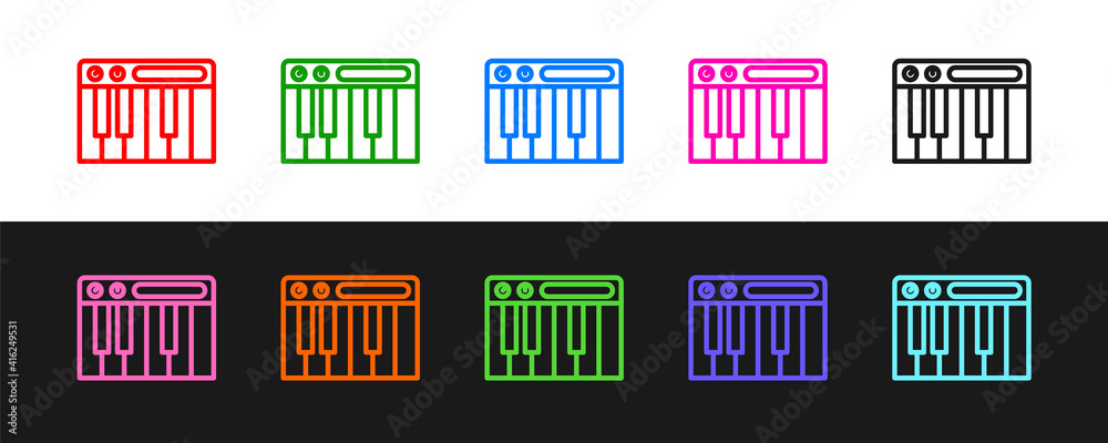 Set line Music synthesizer icon isolated on black and white background. Electronic piano. Vector.