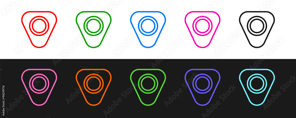 Set line Guitar pick icon isolated on black and white background. Musical instrument. Vector.