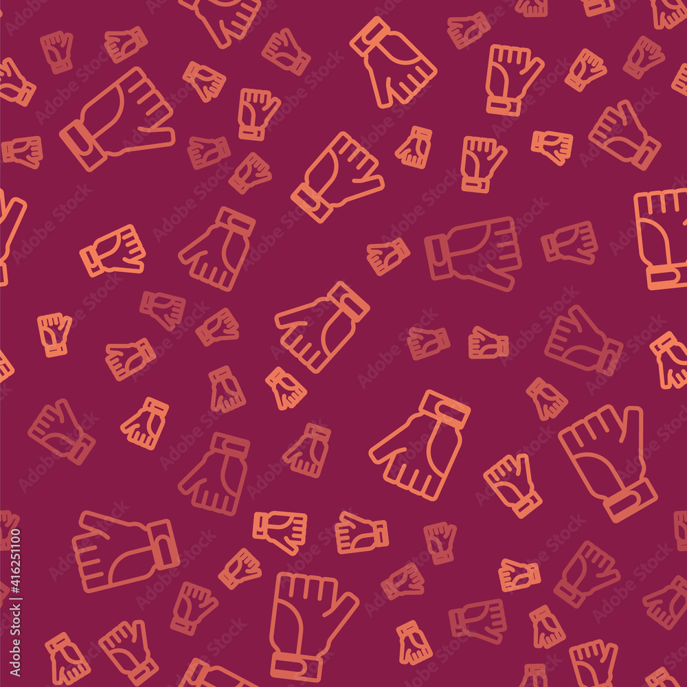 Brown line Gloves icon isolated seamless pattern on red background. Extreme sport. Sport equipment. 