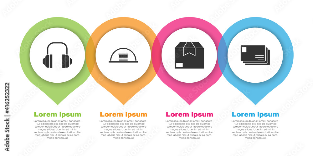 设置耳机、机库、纸板箱和信封。商业信息图表模板。矢量。