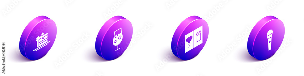 Set Isometric Cake, Cocktail and alcohol drink, Greeting card and Karaoke microphone icon. Vector.