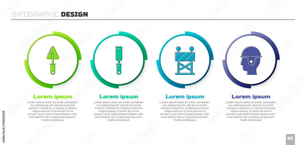 设置Trowel、Rasp金属锉、道路护栏和工人安全帽。商业信息图模板.V