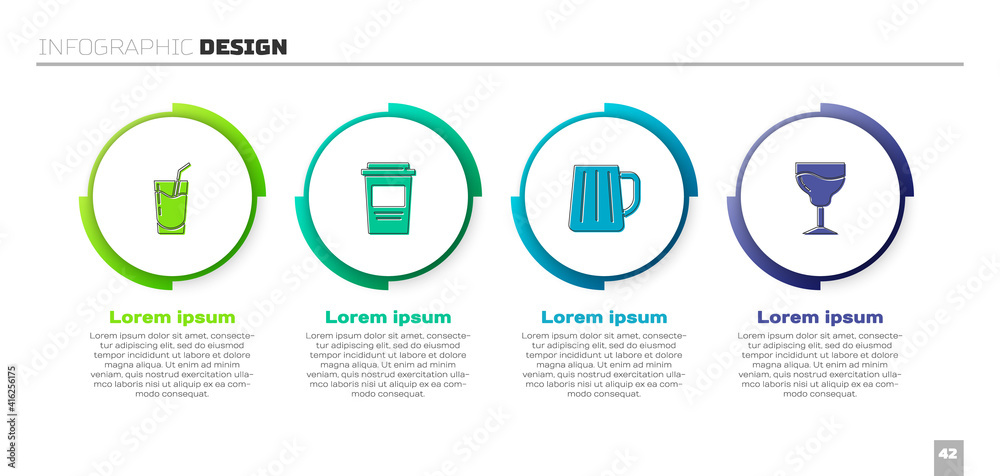 设置鸡尾酒、随身携带的咖啡杯、木制啤酒杯和酒杯。商业信息图模板。Vecto