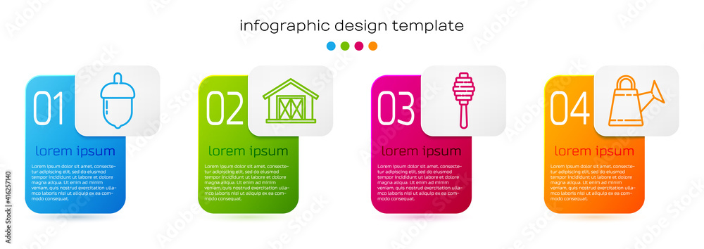 设置线橡子、农舍、蜂蜜斗杆和浇水罐。业务信息图模板。Vect