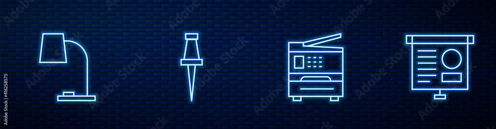设置行式打印机、台灯、图钉和黑板。砖墙上闪闪发光的霓虹灯图标。