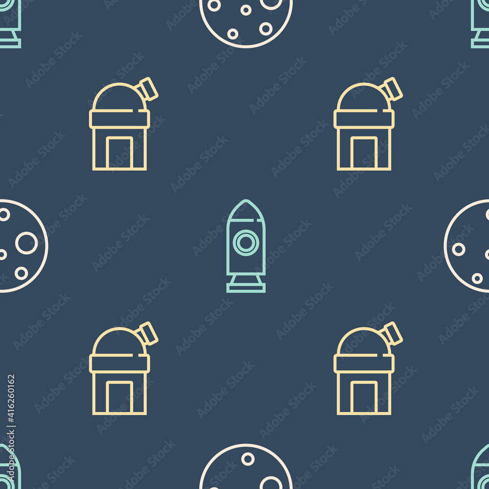 Set line Planet Mars, Astronomical observatory and Rocket ship on seamless pattern. Vector.