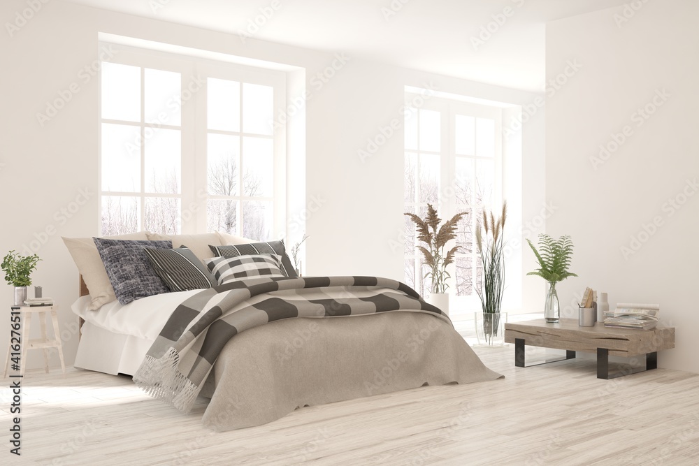 White bedroom interior. Scandinavian design. 3D illustration