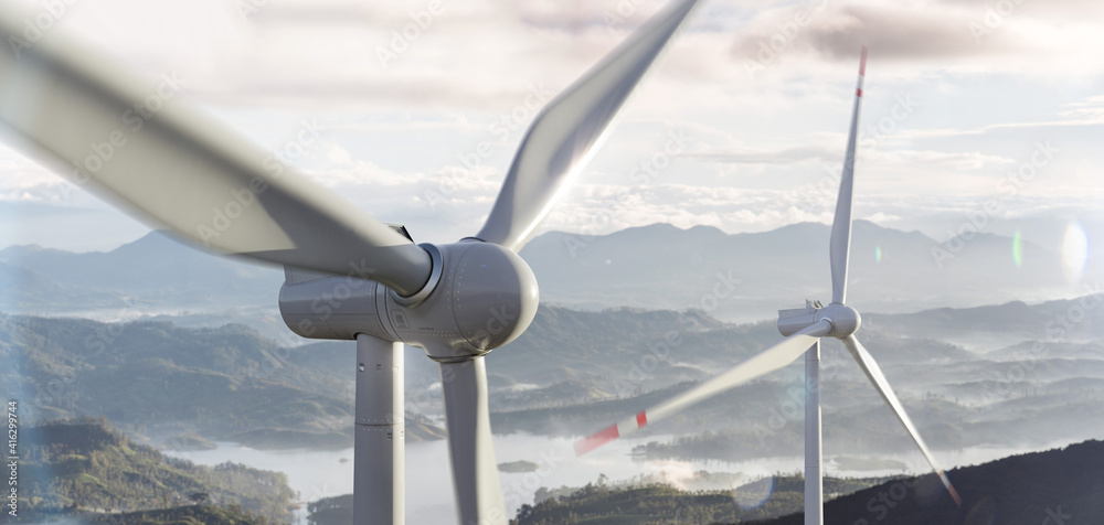 Green renewable alternative energy concept - wind generator turbines generating electricity. Landsca