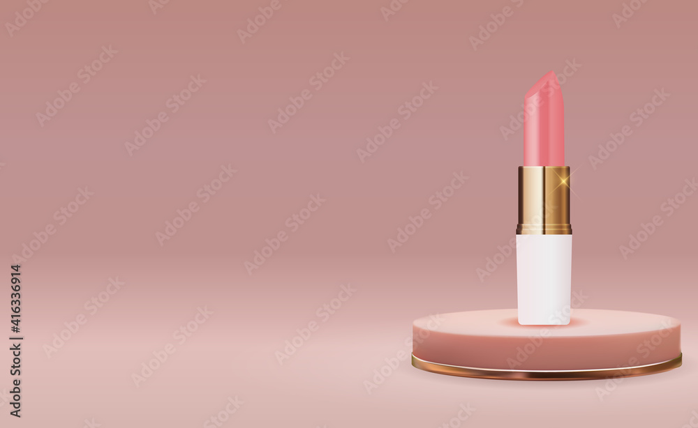 3D Realistic Natural Lipstick on Pink Podium Design Template of Fashion Cosmetics Product  for Ads, 