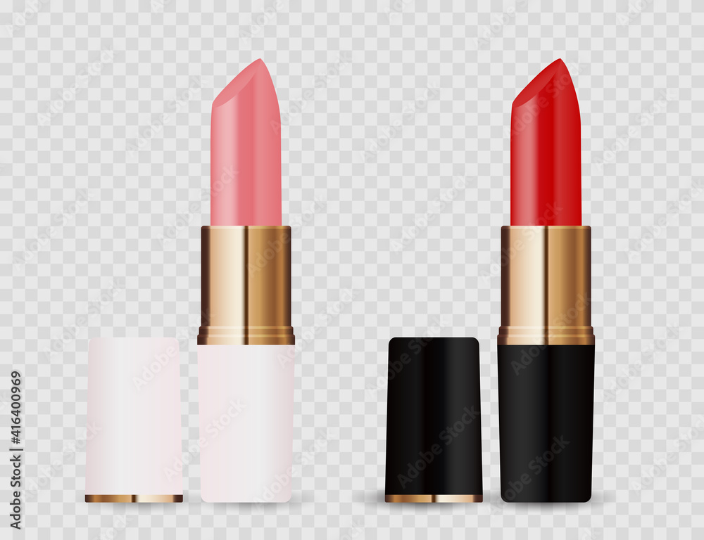 Realistic 3D light pink and red lipstick icon isolated on transparent background. Vector Illustratio