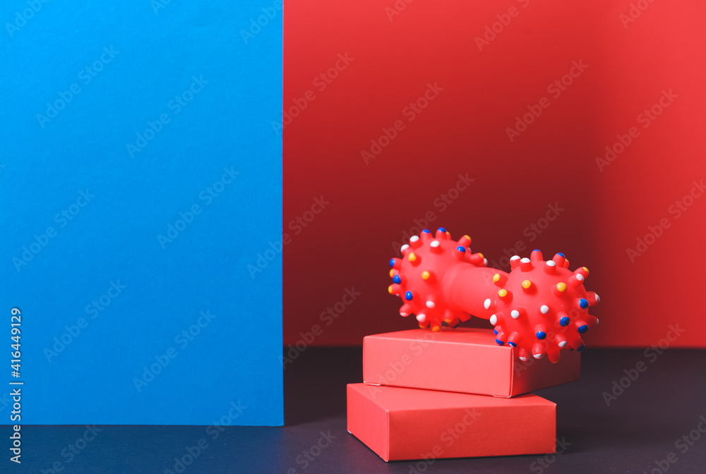 Creative composition with pet toy on color background