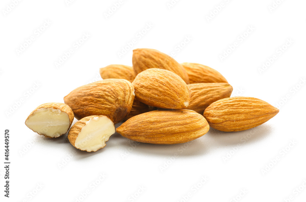 Healthy almonds on white background