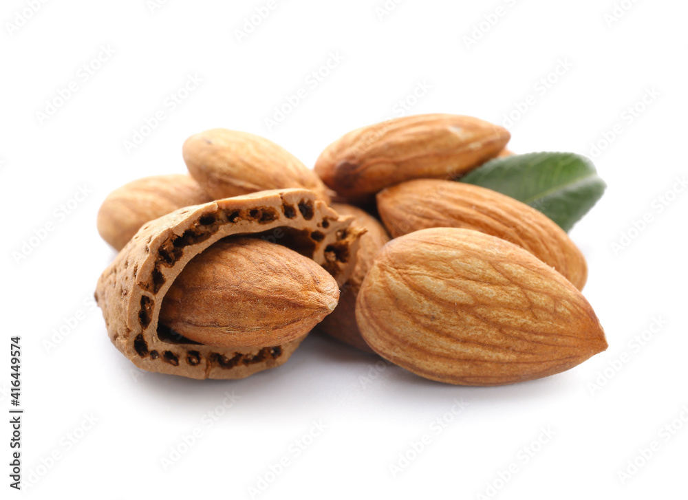 Healthy almonds on white background