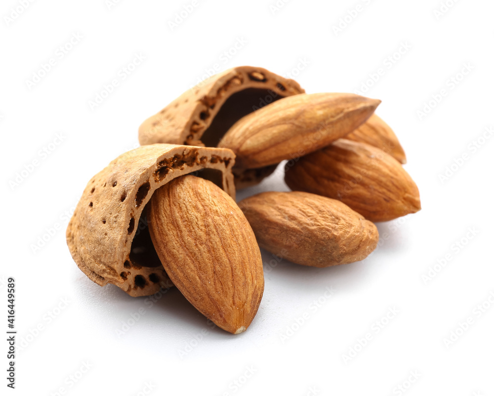 Healthy almonds on white background