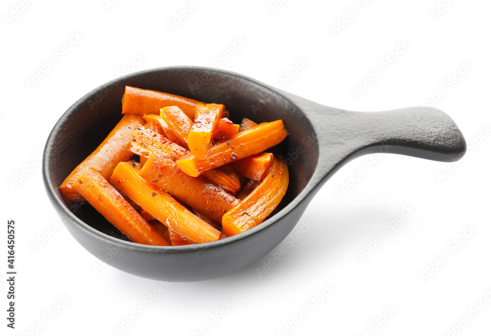 Dish of tasty baked carrot on white background