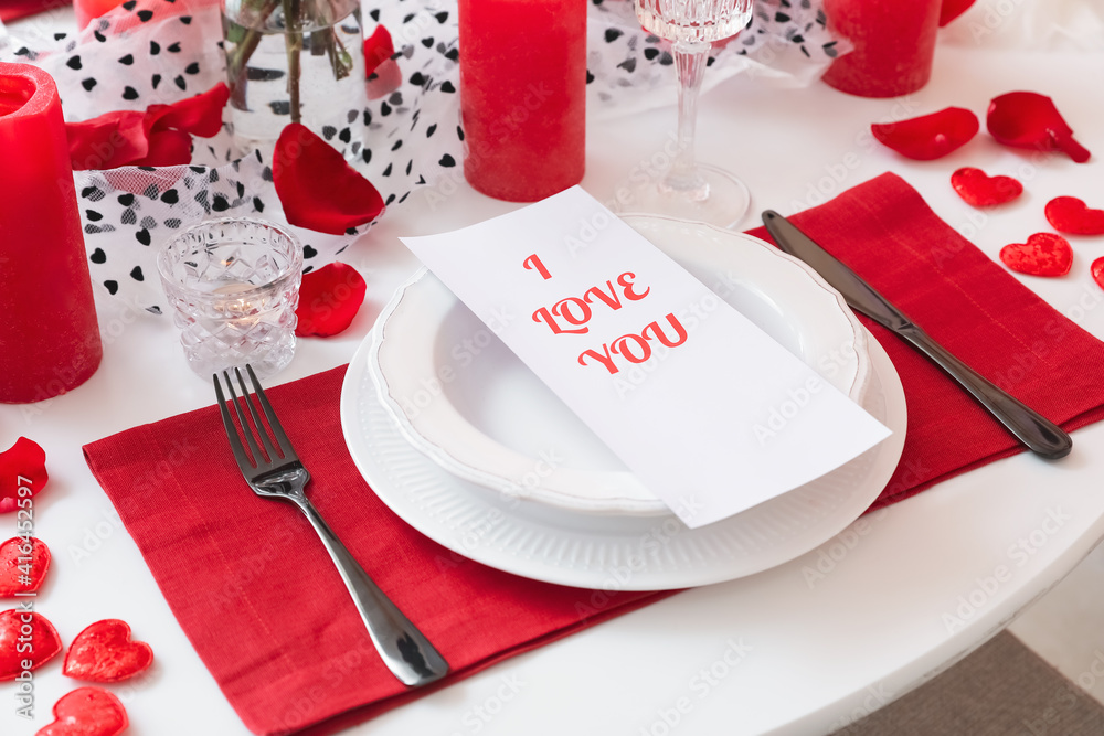 Festive table setting for Valentines Day celebration