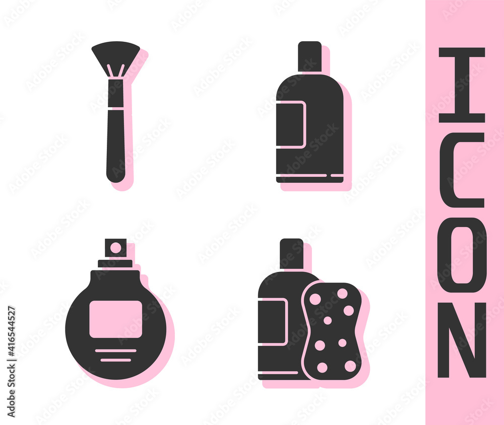 Set Bottle of shampoo and sponge, Makeup brush, Perfume and Bottle of shampoo icon. Vector.