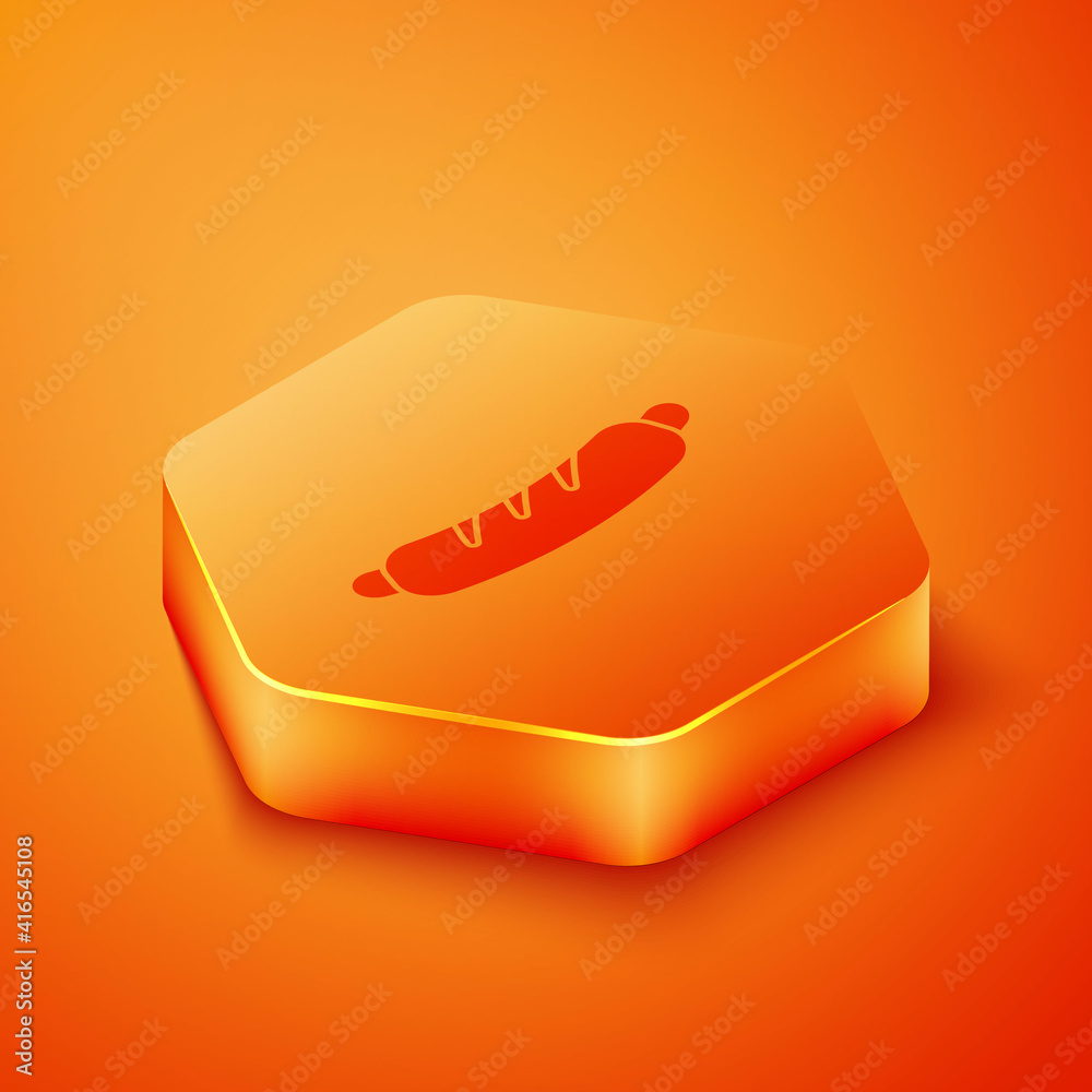 Isometric Hotdog sandwich icon isolated on orange background. Sausage icon. Fast food sign. Orange h