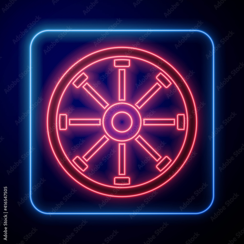 Glowing neon Old wooden wheel icon isolated on blue background. Vector.