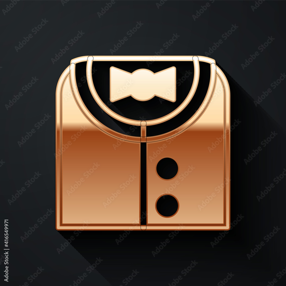 Gold Suit icon isolated on black background. Tuxedo. Wedding suits with necktie. Long shadow style. 