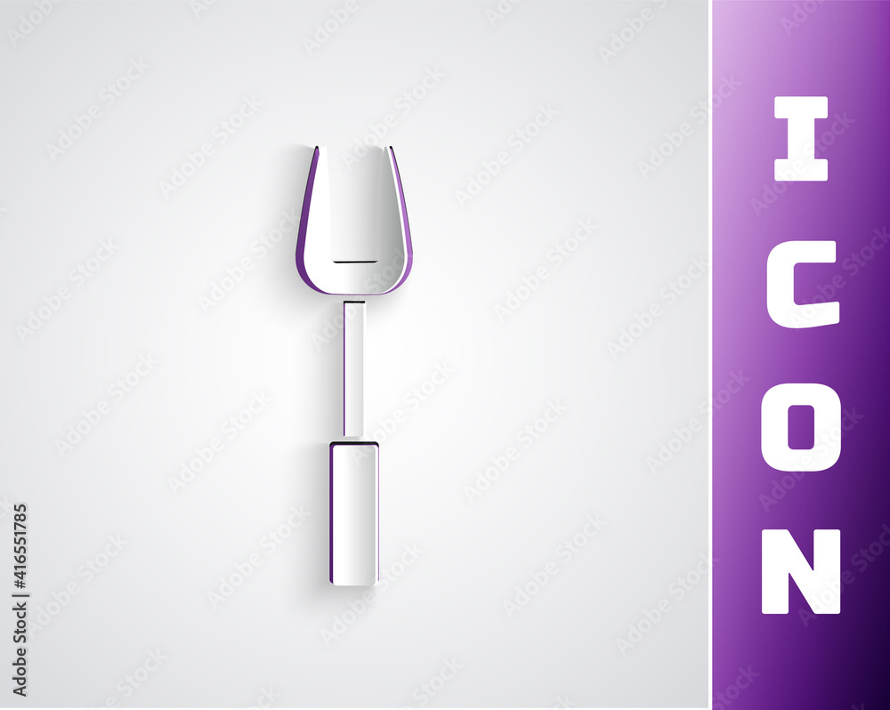 Paper cut Barbecue fork icon isolated on black on purple background. BBQ fork sign. Barbecue and gri