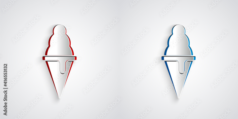 Paper cut Ice cream in waffle cone icon isolated on grey background. Sweet symbol. Paper art style. 