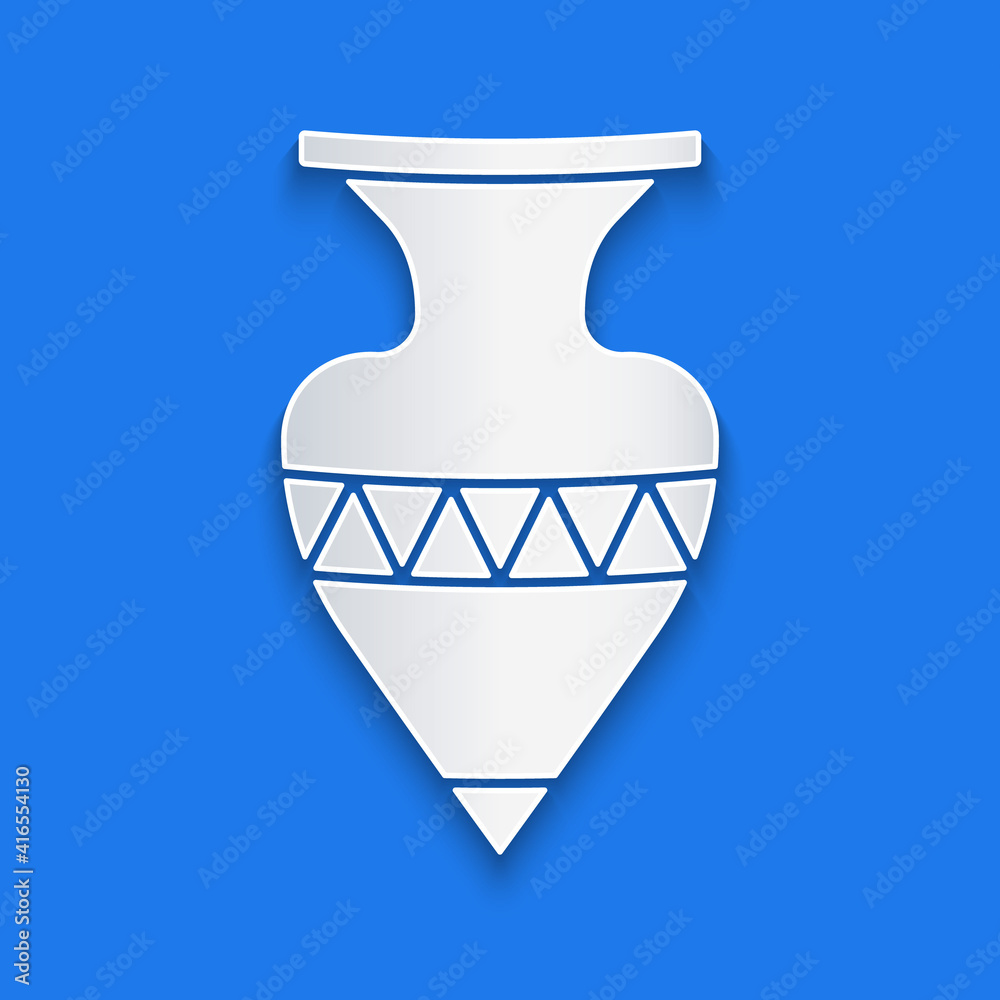 Paper cut Ancient amphorae icon isolated on blue background. Paper art style. Vector.