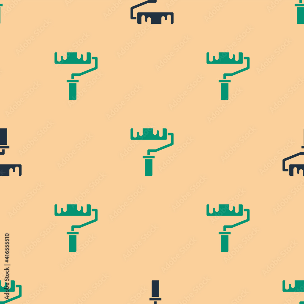 Green and black Paint roller brush icon isolated seamless pattern on beige background. Vector.