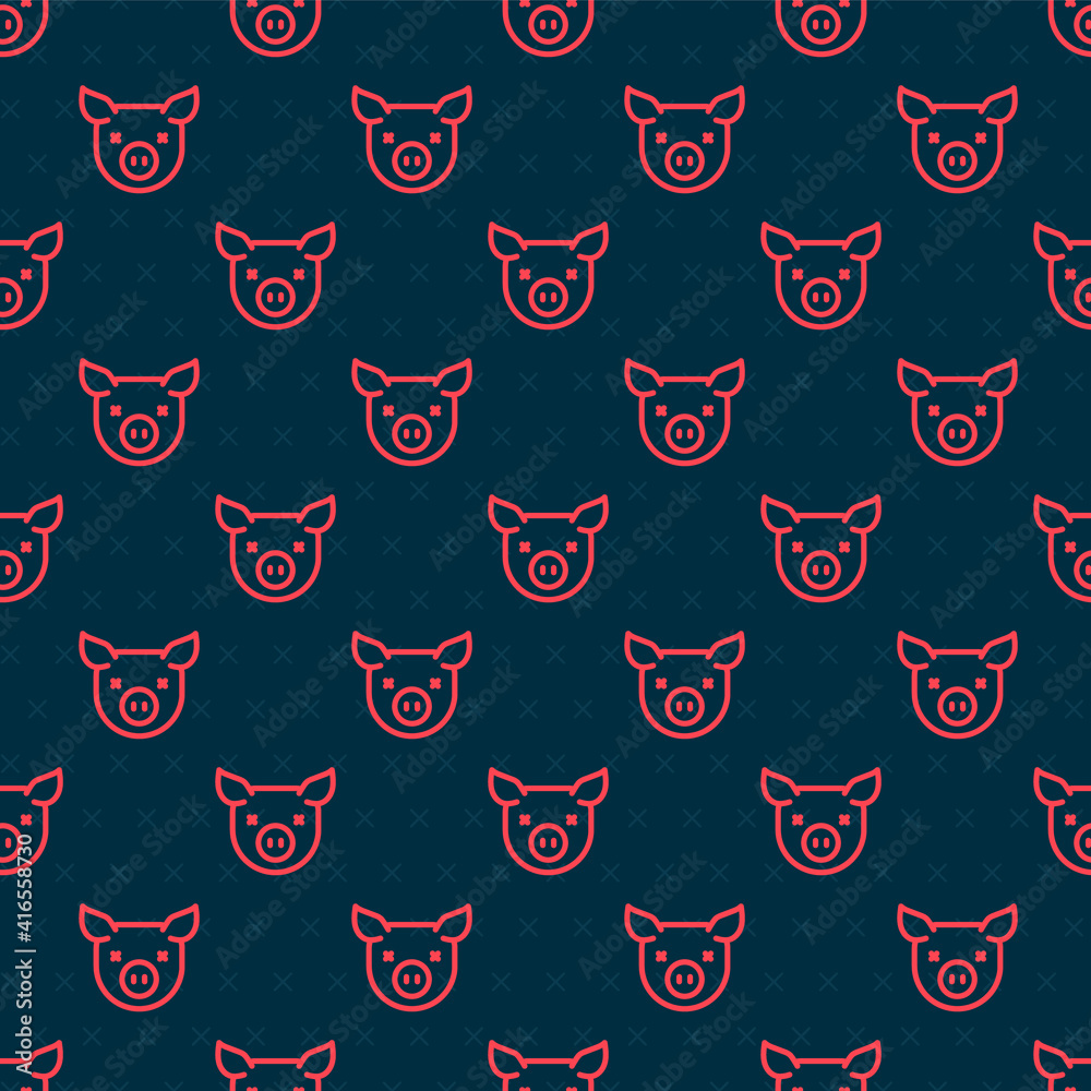 Red line Pig icon isolated seamless pattern on black background. Animal symbol. Vector.