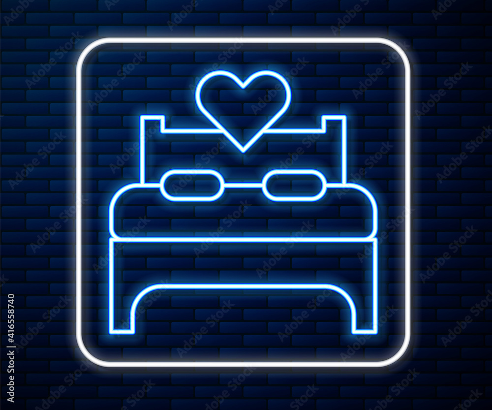 Glowing neon line Bedroom icon isolated on brick wall background. Wedding, love, marriage symbol. Be