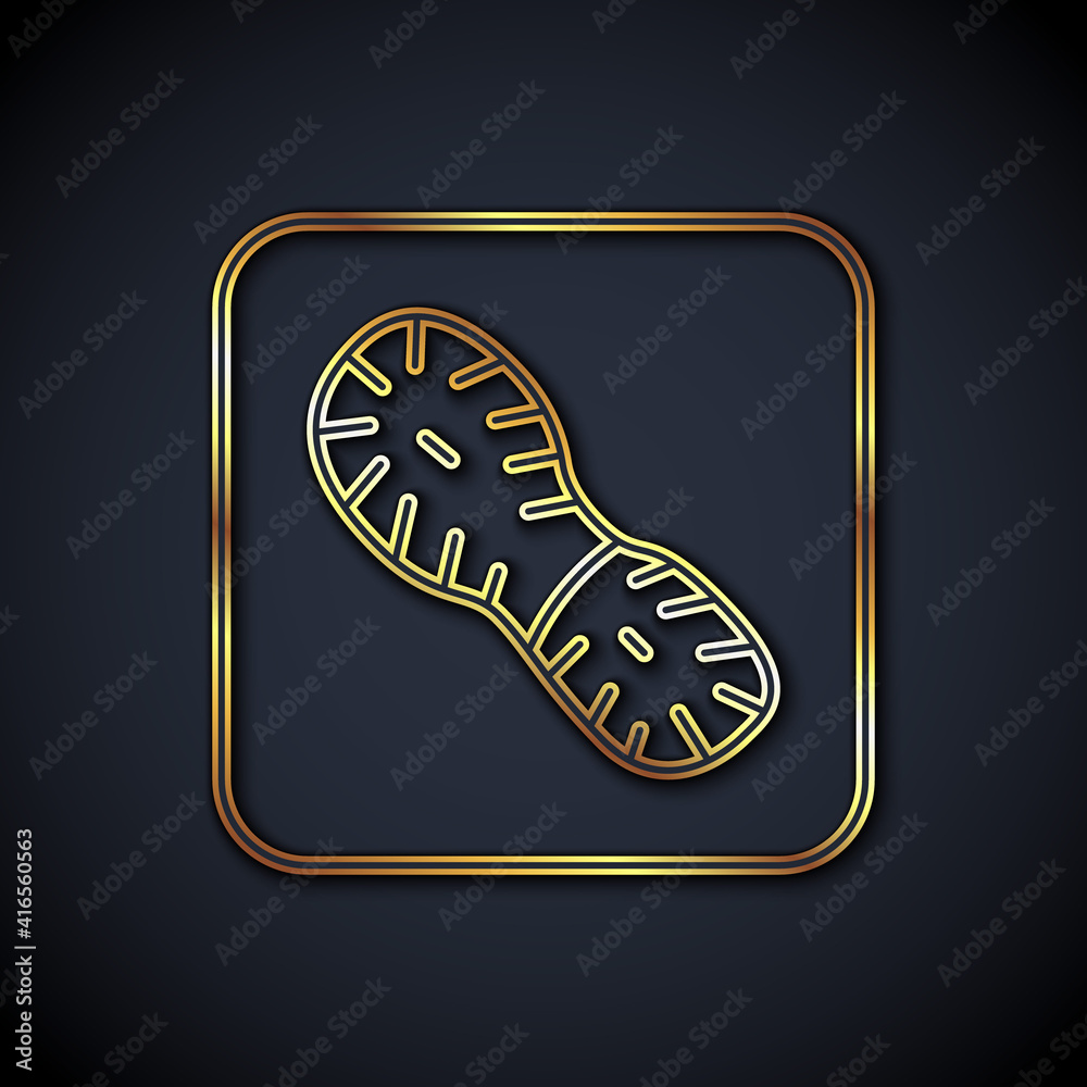 Gold line Human footprints shoes icon isolated on black background. Shoes sole. Vector.