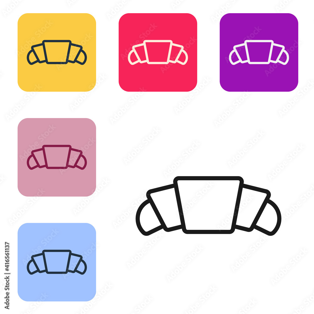 Black line Croissant icon isolated on white background. Set icons in color square buttons. Vector.