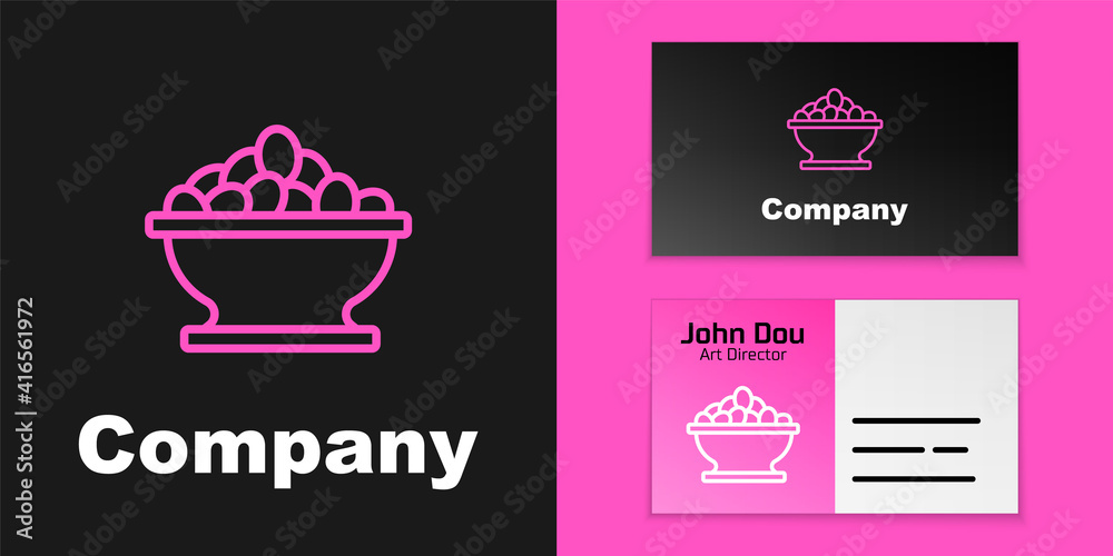 Pink line Olives in bowl icon isolated on black background. Logo design template element. Vector.