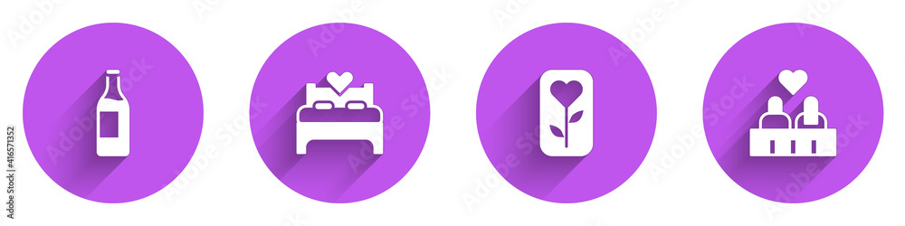 Set Wine bottle, Bedroom, Flower rose and Couple love icon with long shadow. Vector.