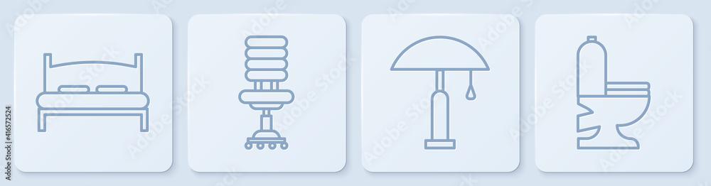 设置线大床、台灯、办公椅和抽水马桶。白色方形按钮。矢量。