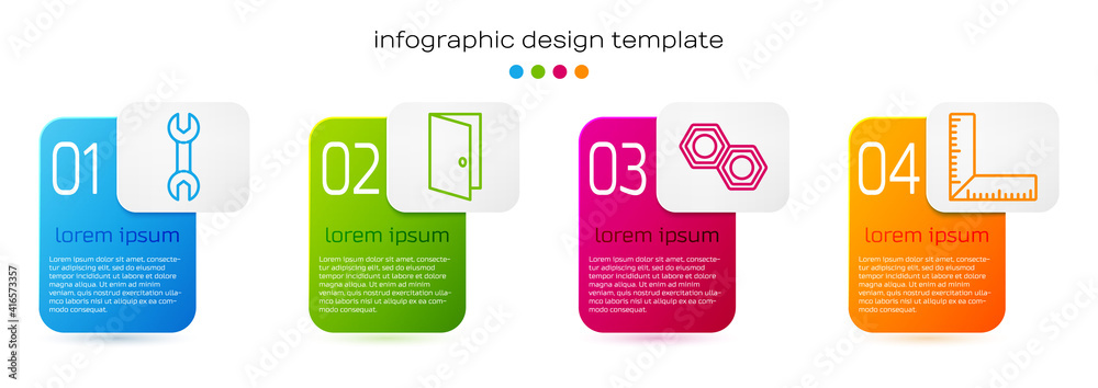 Set line Wrench spanner, Closed door, Hexagonal metal nut and Corner ruler. Business infographic tem