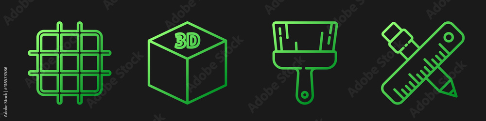 Set line Paint brush, Grid graph paper, Isometric cube and Crossed ruler and pencil. Gradient color 