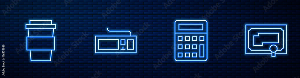 Set line Calculator, Coffee cup go, Keyboard and Certificate template. Glowing neon icon on brick wa