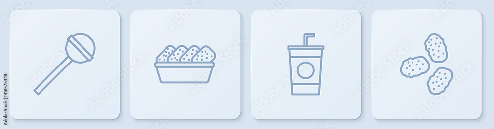 Set line Lollipop, Paper glass with straw, Chicken nuggets in box and . White square button. Vector.