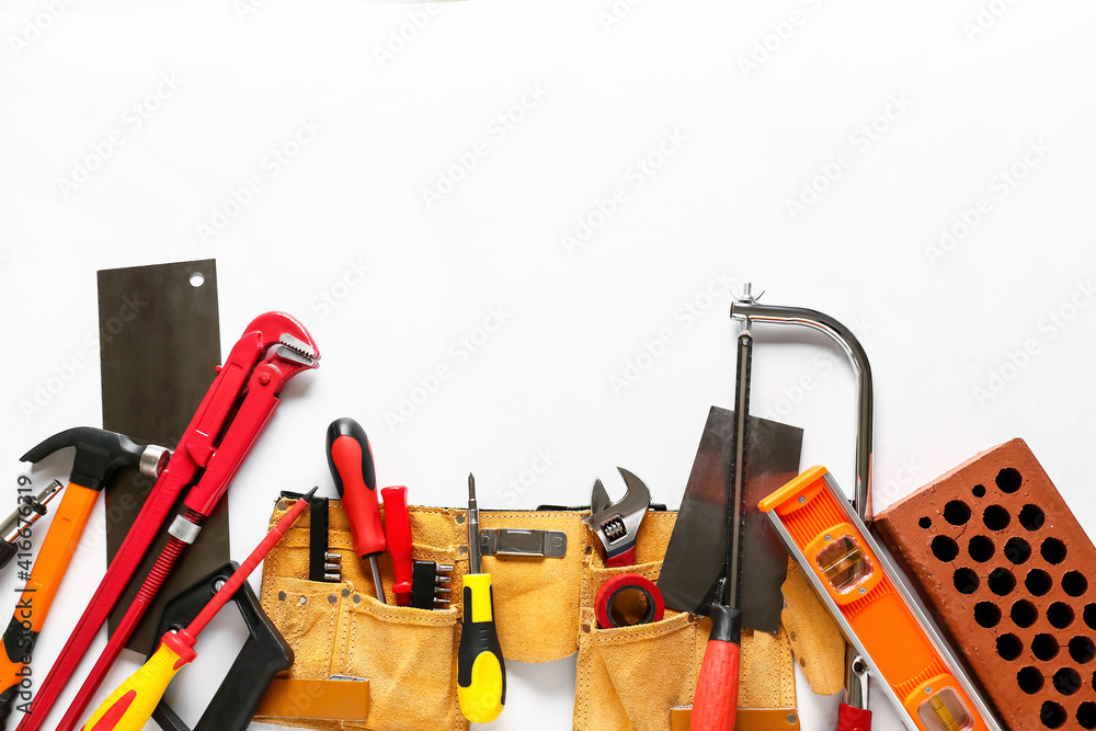 Set of construction tools on white background